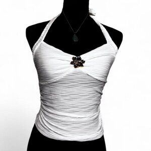 White halter neck top with gold flower detail